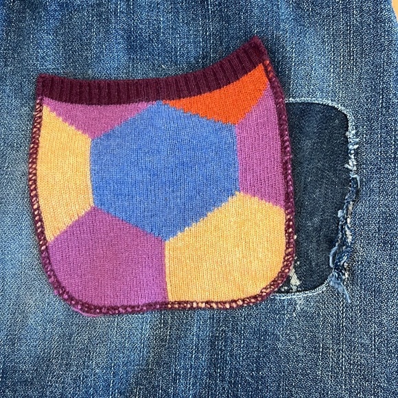 Dolce & Gabbana Distressed Denim Mini Skirt Colorful Sweater Knit Patches 90s - Picture 6 of 15